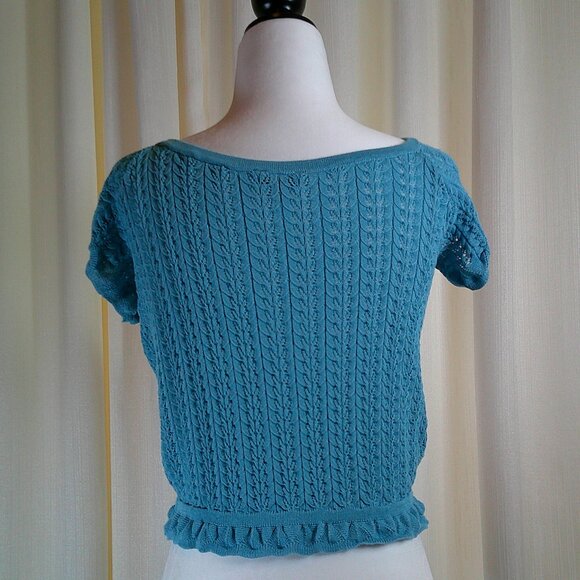Guess Teal Knit Puff Sleeve Crop Top with Front Tie Size S - Picture 4 of 8